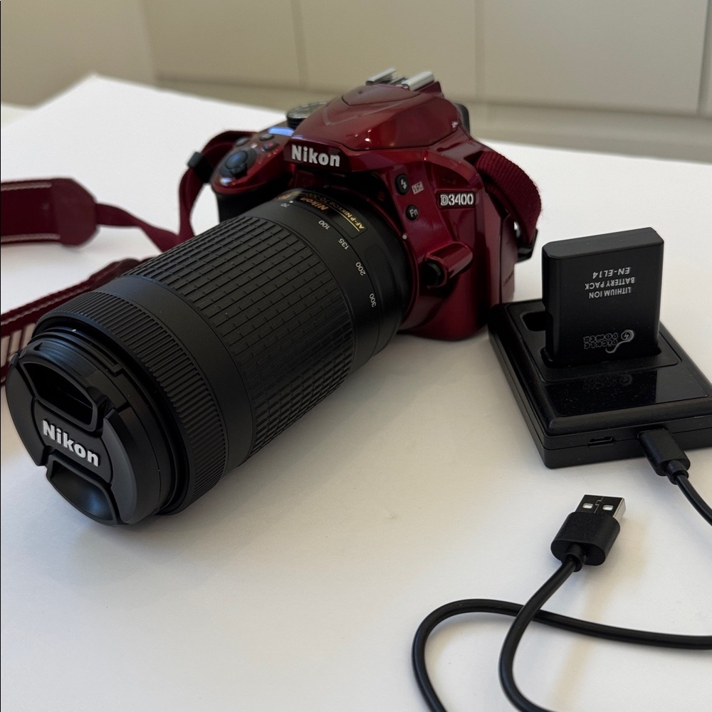Red Nikon D3400 Camera Red Camera Body 70-300 1:4.5-6.3G ED Zoom Lens